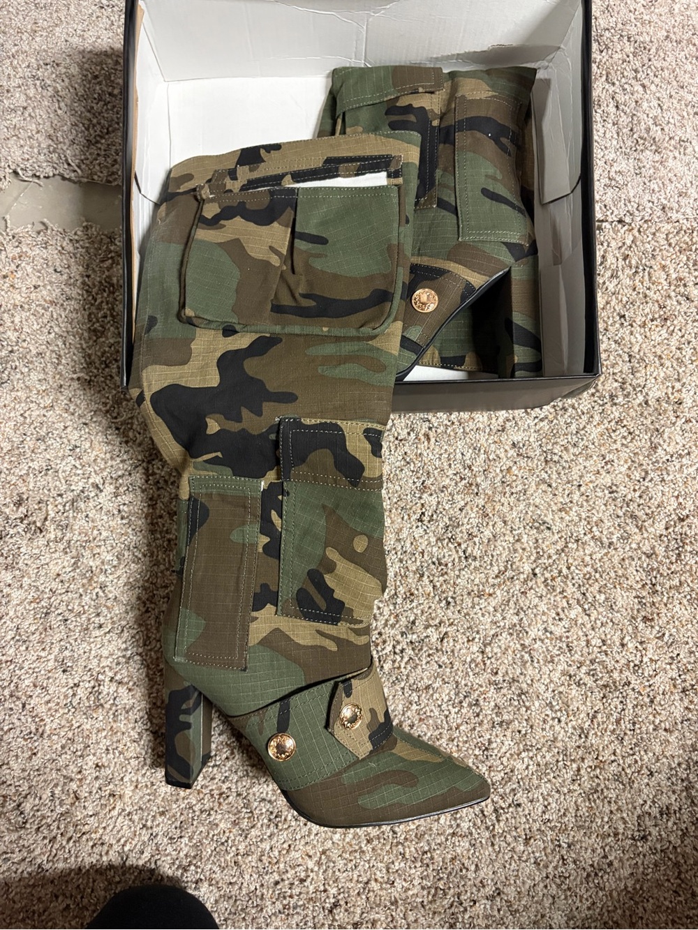 EGO Camo Pointed Toe High Heel Boots in Green and Black